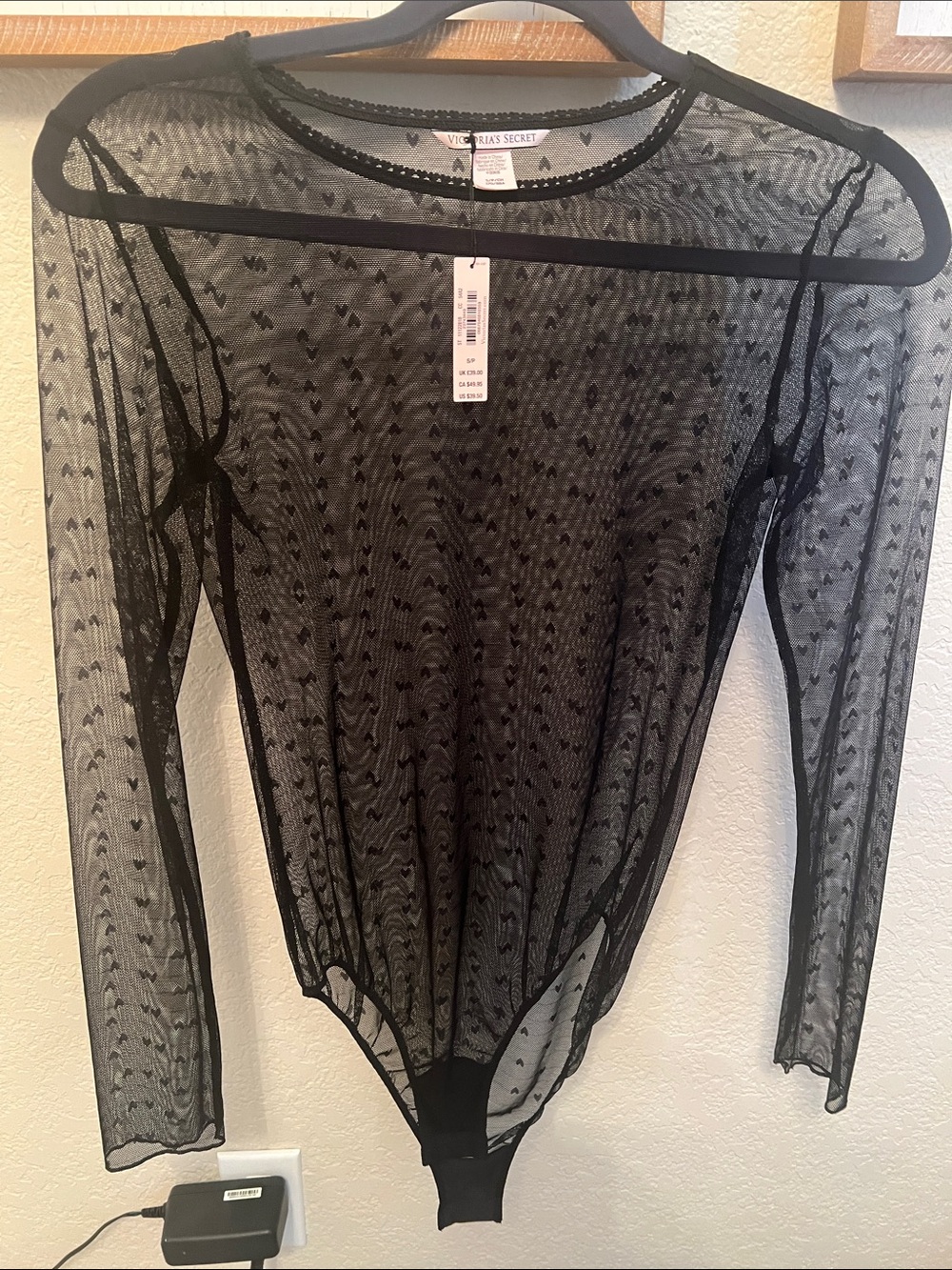 Victoria's Secret Black Sheer Heart-Pattern Long-Sleeve Bodysuit